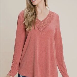 Emerald Lace V-Neck Long Sleeve Top - Coral